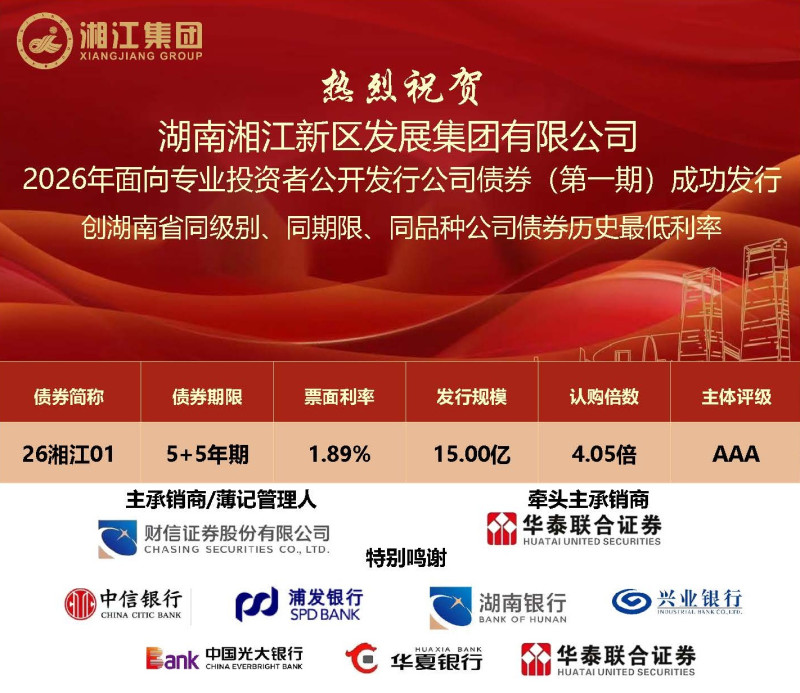 湘江集团成功发行2026年第一期公募公司债券。长沙晚报通讯员 田尧江 供图 湘江集团成功发行2026年第一期公募公司债券。长沙晚报通讯员 田尧江 供图