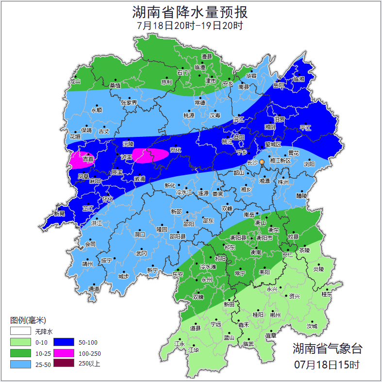 18日20时至19日20时湖南省降水量预报。  